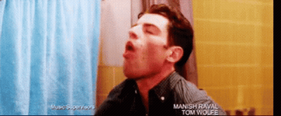 Man In Striped Shirt Mouth Open Blue Shower Curtain GIF