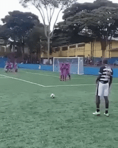 Man In Striped Shirt On Soccer Field With Ball GIF