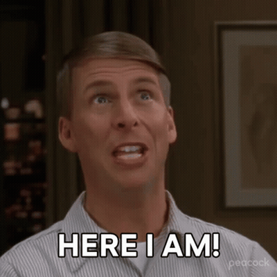 Man In Striped Shirt Saying Here I Am GIF