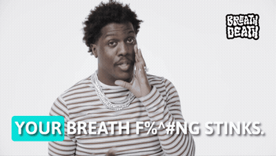 Man In Striped Shirt Saying Your Breath F%#ng Stinks GIF