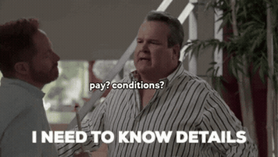 Man In Striped Shirt Says Pay Conditions GIF