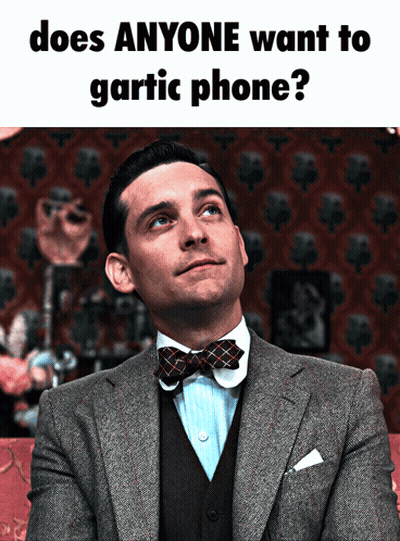 Man In Suit And Bow Tie Asks Does Anyone Want To Gartic Phone GIF