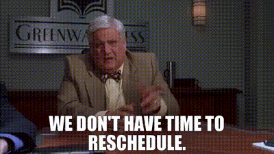 Man In Suit And Bow Tie Saying No Reschedule GIF
