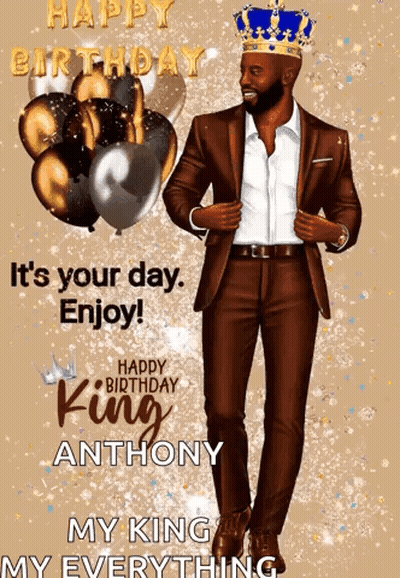 Man In Suit And Crown With Balloons And Birthday Card GIF