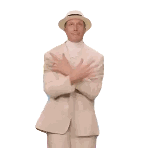 Man In Suit And Hat Holding Chest Sticker