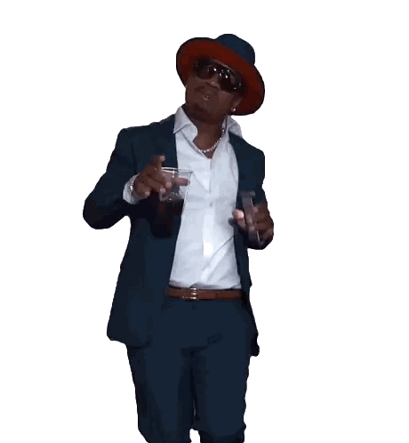 Man In Suit And Hat Holding Glass And Cell Phone Sticker