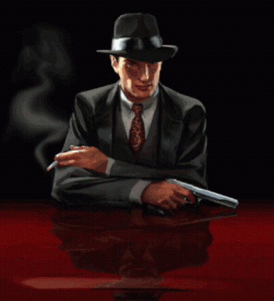 Man In Suit And Hat Smoking Cigarette Holding Gun GIF