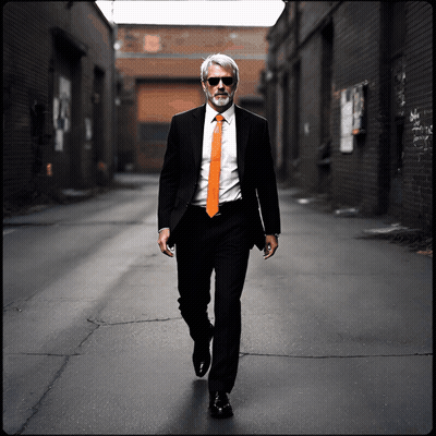 Man In Suit And Orange Tie Walking Down Alley GIF