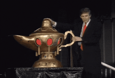 Man In Suit And Red Tie Next To Giant Lamp GIF