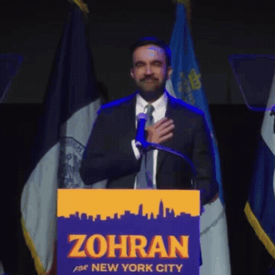 Man In Suit And Tie At Podium Saying Zohran For New York City GIF
