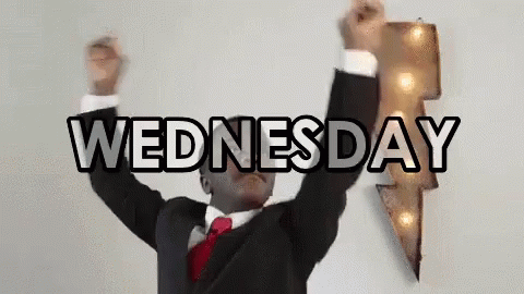 Man In Suit And Tie Dancing In Front Of Lightning Bolt Saying Wednesday GIF