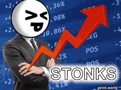 Man In Suit And Tie Holding Red Arrow Saying Stonks GIF