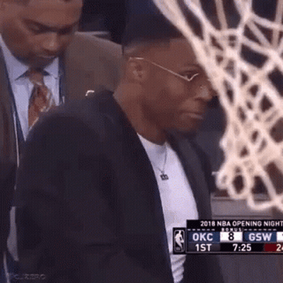 Man In Suit And Tie In Front Of Basketball Hoop GIF