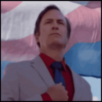 Man In Suit And Tie In Front Of Transgender Flag GIF