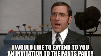 Man In Suit And Tie Inviting To Pants Party GIF