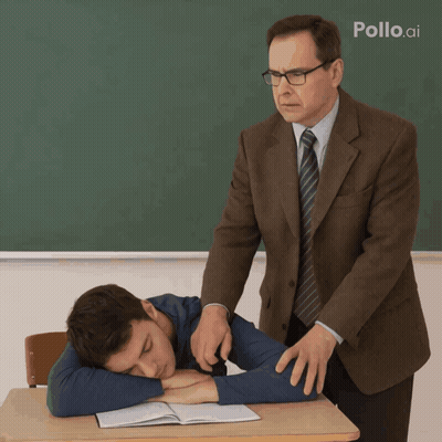 Man In Suit And Tie Next To Sleeping Student At Blackboard Saying Pollo.ai GIF