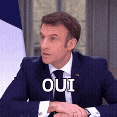 Man In Suit And Tie Saying Oui Near Flag GIF