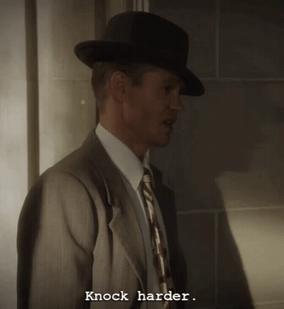 Man In Suit And Tie Says Knock Harder GIF
