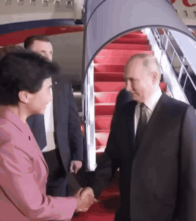 Man In Suit And Tie Shaking Hands With Woman In Pink Suit GIF