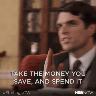 Man In Suit And Tie Take The Money You Save And Spend It GIF