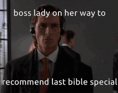 Man In Suit And Tie Wearing Headset Boss Lady On Her Way To Recommend Last Bible Special GIF