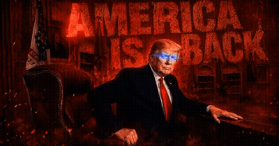 Man In Suit And Tie With America Is Back Sign GIF