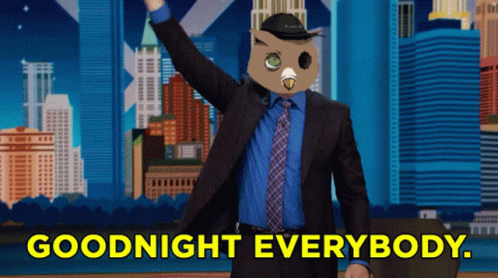 Man In Suit And Tie With Owl Mask Says Goodnight Everybody GIF