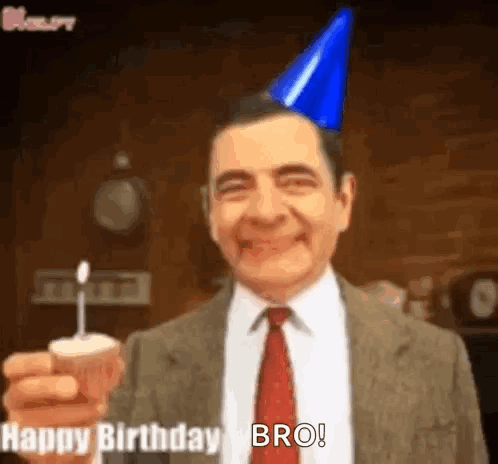Man In Suit And Tie With Party Hat And Cake Cup GIF