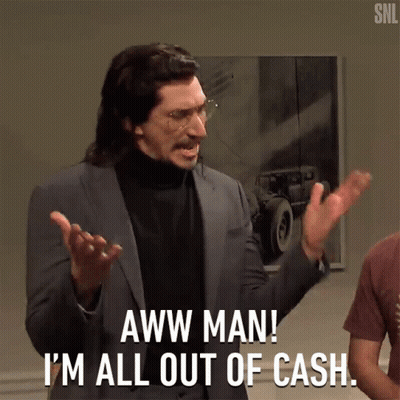 Man In Suit And Turtleneck Saying Out Of Cash GIF
