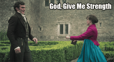 Man In Suit And Woman In Blue Dress Saying God Give Me Strength GIF
