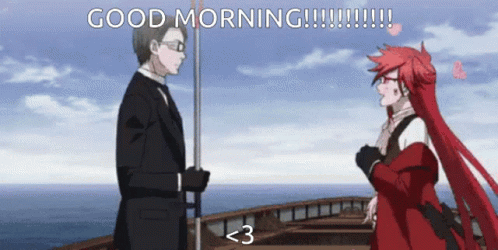 Man In Suit And Woman In Red Coat Saying Good Morning GIF