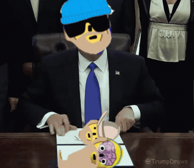 Man In Suit At Desk With Trump Draws Cartoon GIF