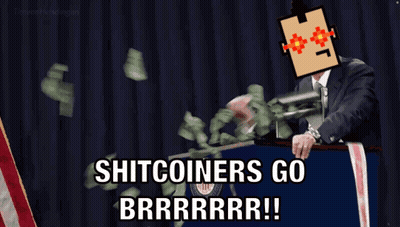Man In Suit At Podium With Money Falling Shitcoiners Go Brrrrrrr GIF