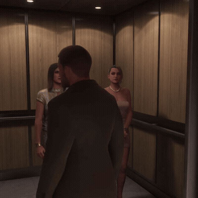Man In Suit Between Two Women In Dresses GIF