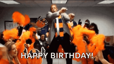 Man In Suit Dancing Before Cheerleaders Saying Happy Birthday GIF