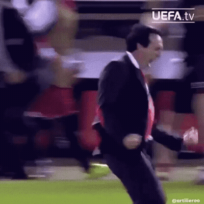 Man In Suit Dancing On Soccer Field With Crowd GIF