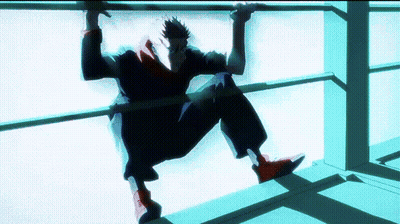 Man In Suit Hanging From Railing GIF