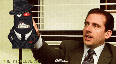 Man In Suit Holding Cartoon Picture Says Chillax The Pickleverse GIF