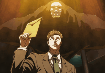 Man In Suit Holding Envelope In Front Of Monster GIF