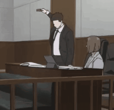 Man In Suit Holding Gun In Courtroom GIF