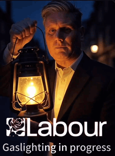 Man In Suit Holding Lantern With Labour Logo GIF
