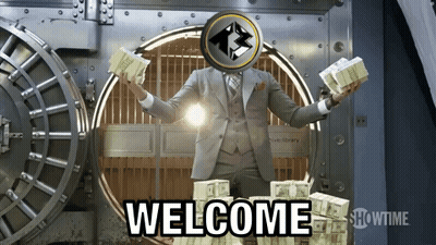 Man In Suit Holding Money In Front Of Vault Saying Welcome Showtime GIF