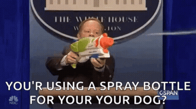 Man In Suit Holding Water Gun Asking About Dog GIF