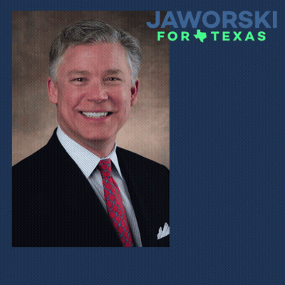 Man In Suit In Front Of Jaworski For Texas Poster GIF