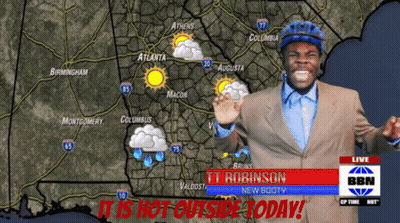 Man In Suit In Front Of Map Saying It Is Hot Outside Today GIF