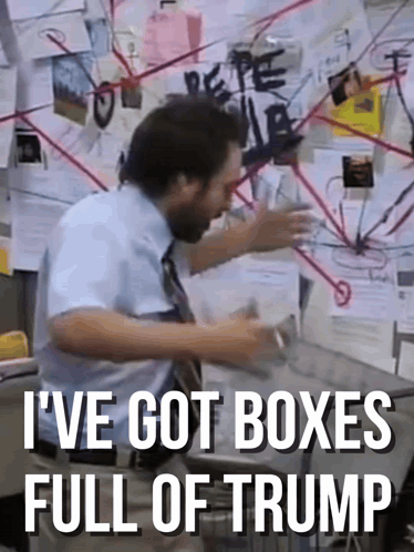 Man In Suit In Front Of Wall Saying I've Got Boxes Full Of Trump GIF