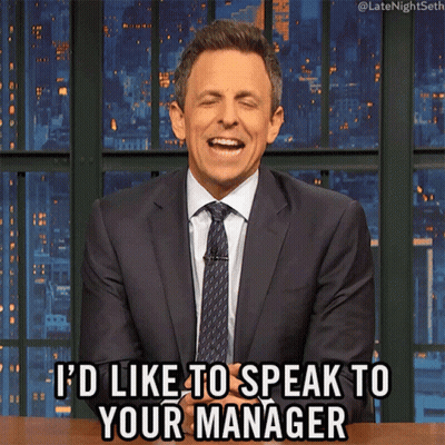 Man In Suit Laughing Says I'd Like To Speak To Your Manager GIF