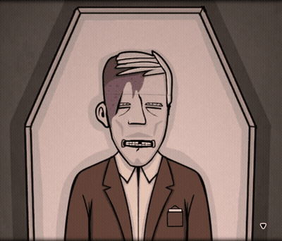 Man In Suit Lying In Coffin With Mouth Open GIF