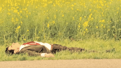 Man In Suit Lying In Grass Near Flowers GIF
