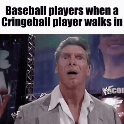 Man In Suit Making Funny Face With Cringeball Player GIF